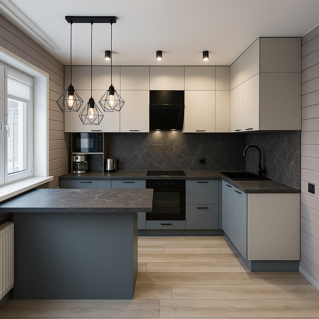 Кухня угловая с островом современная — Серый и кремовый